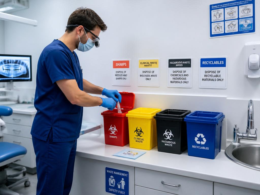Odontólogo gestionando residuos sólidos peligrosos en consultorio dental